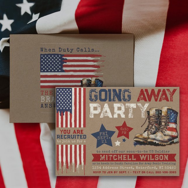 Invitación Ausente Fiesta I Fiesta de despedida militar Bande (Military Soldier Army Going Away Party Invitation, Patriotic Farewell, USA Flag, Rustic, star, boots)