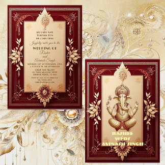 Invitación Auspicioso Señor Ganesha Floral Maroon Grand India