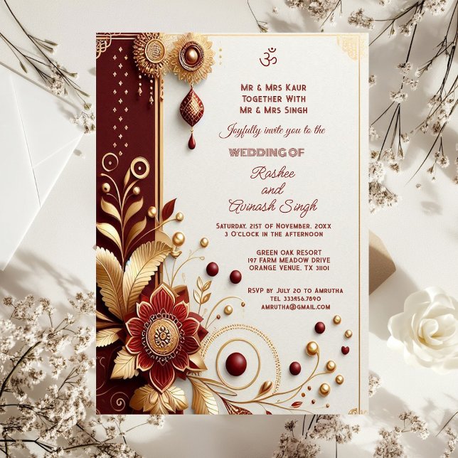 Invitación Auspiciosos motivos florales de ornato de oro maro (Auspicious Gold Ornate Maroon Floral Motifs Indian Invitation)