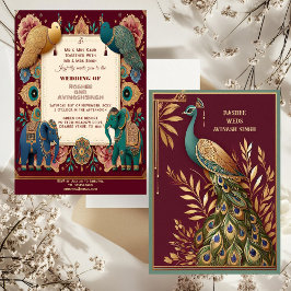 Invitación Auspicious Elephants Peacock Feather Ornate Indian