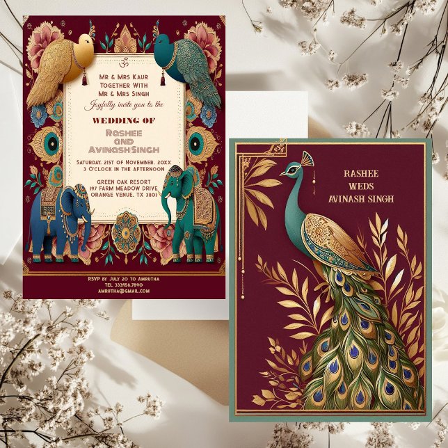 Invitación Auspicious Elephants Peacock Feather Ornate Indian (Auspicious Elephants Peacock Feather Ornate Indian Invitation)