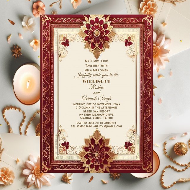 Invitación Auspicious Gold Ornate Floral Maroon Grand Indian (Auspicious Gold Ornate Floral Maroon Grand Indian Invitation)