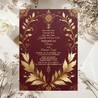 Invitación Auspicious Gold Ornate Maroon Leafy Swirls Indian