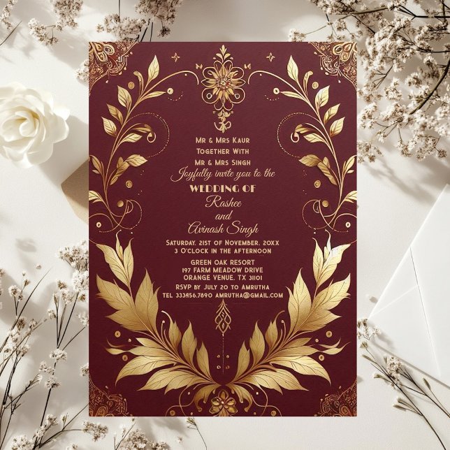 Invitación Auspicious Gold Ornate Maroon Leafy Swirls Indian (Auspicious Gold Ornate Maroon Leafy Swirls Indian Invitation)