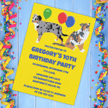 Invitación Aussies Australian Shepherds Birthday Party<br><div class="desc">Fiesta en estilo con estas lindas invitaciones. Presentan ilustraciones de estilo realista de perros pastores australianos junto con globos en un fondo amarillo brillante y son fáciles de personalizar con todos los detalles de su fiesta.</div>