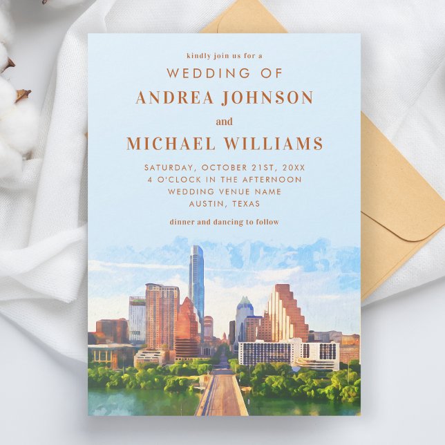Invitación Austin Texas Watercolor City Skyline Boda (Subido por el creador)