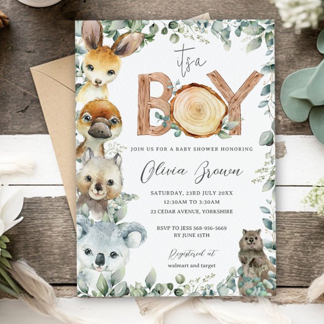 Invitación Australia Animales Greenery Wood Boy Baby Shower (Subido por el creador)