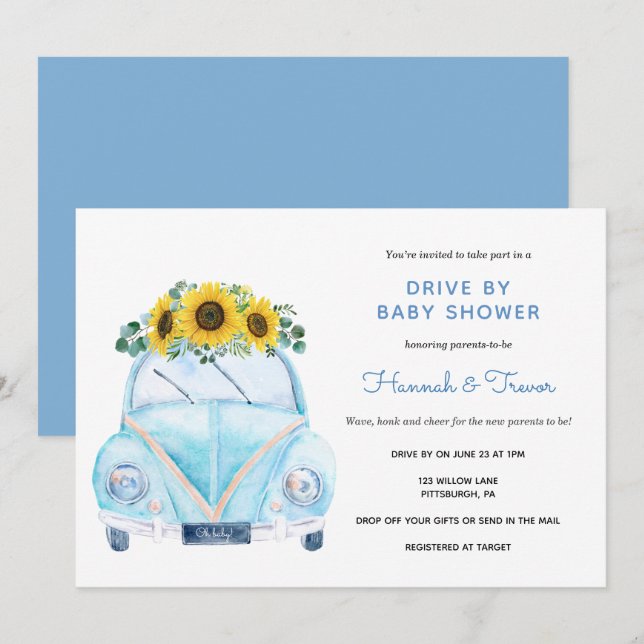 Invitación Auto Azul Sunflower De Baby Shower (Anverso / Reverso)