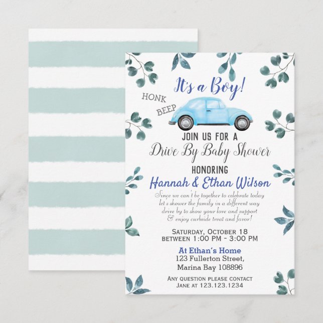 Invitación Auto Azul Y Verdor Conducido Por Baby Shower Parad (Anverso / Reverso)