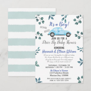 Invitación Auto Azul Y Verdor Conducido Por Baby Shower Parad