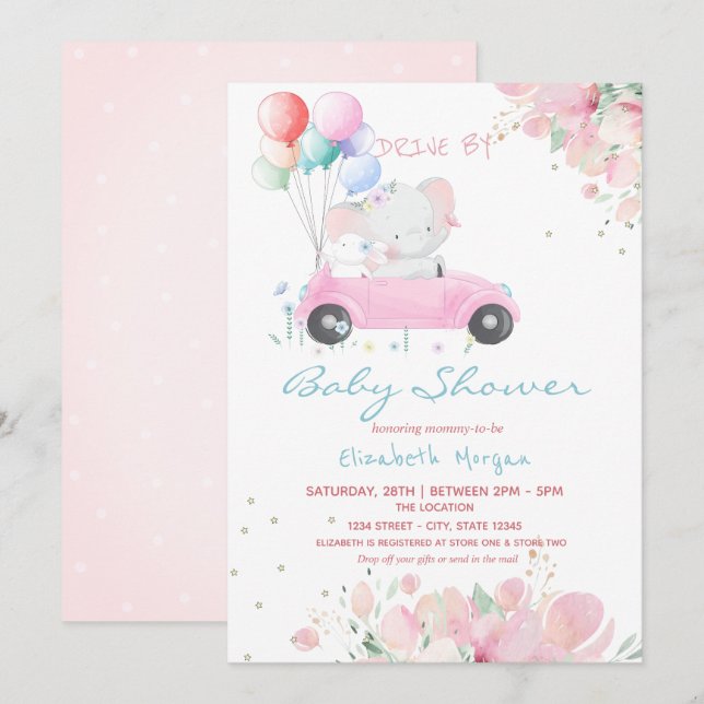 Invitación Auto Balloons Floral Drive De Baby Shower (Anverso / Reverso)