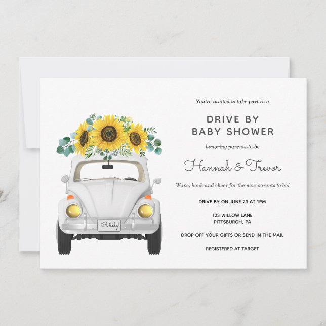 Invitación Auto Blanco De Sunflower De Baby Shower (Anverso)