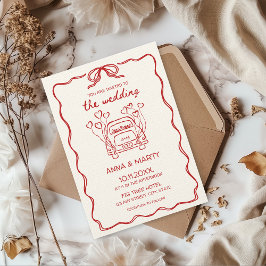 Invitación Auto Boda de arco rojo único y dibujado a mano ret