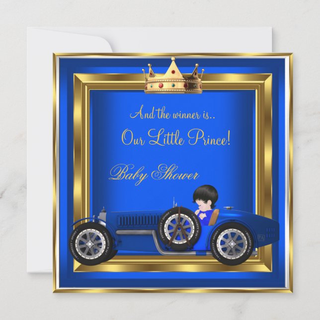 Invitación Auto de Carreras de Prince Baby Shower Blue Gold B (Anverso)
