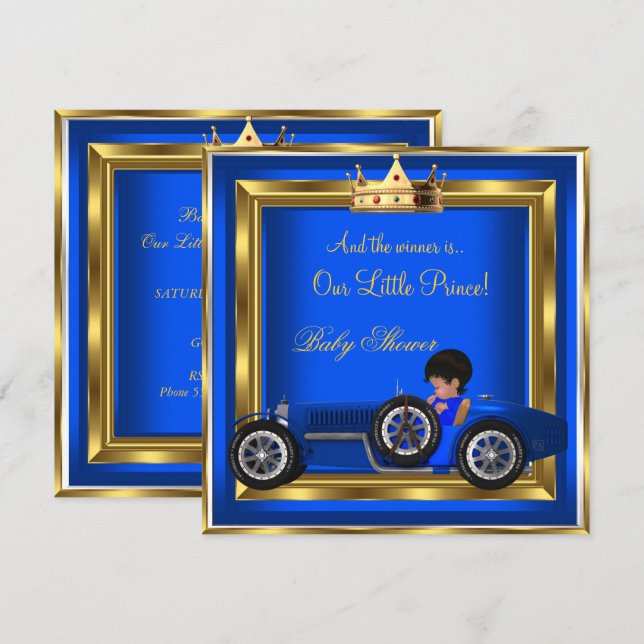 Invitación Auto de Carreras de Prince Baby Shower Blue Gold B (Anverso / Reverso)