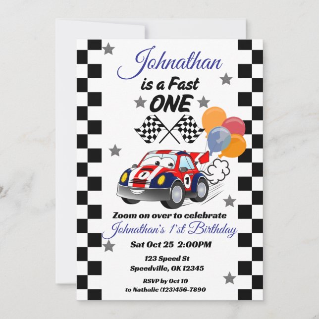 Invitación Auto de la primera carrera de cumpleaños de un niñ (Anverso)