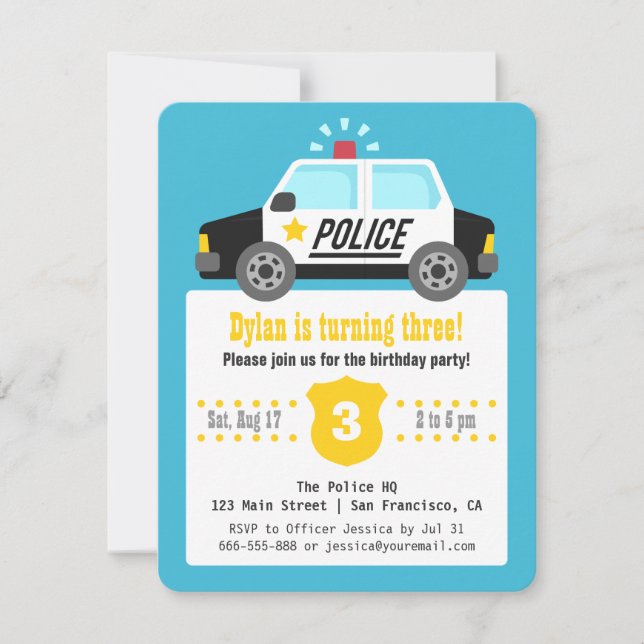 Invitación Auto de Policía con Sirena Fiesta de Cumpleaños pa (Anverso)