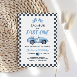 Invitación Auto Fast One Blue Race Primer Cumpleaños