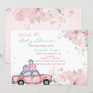 Invitación Auto Rosa Presenta Flores Baby Shower en el coche