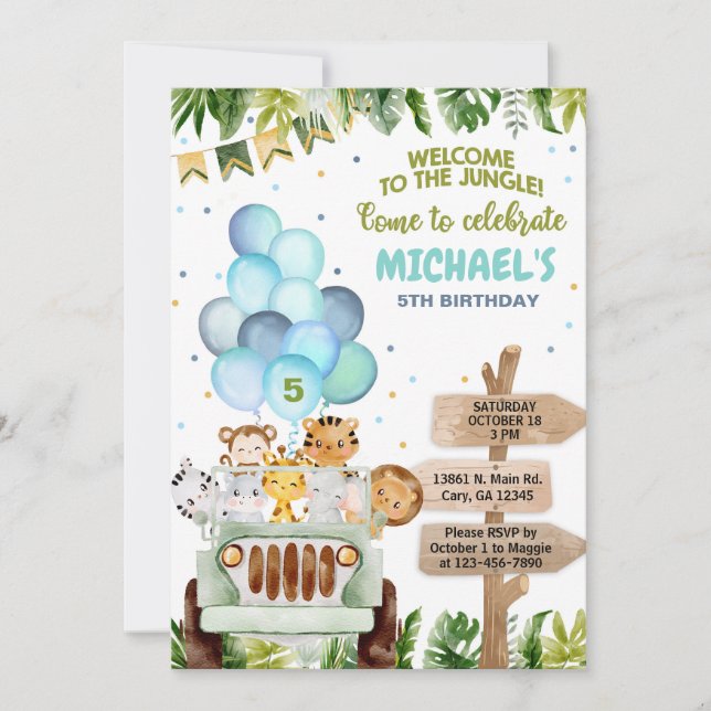 Invitación Auto safari, globos, cumpleaños de animales de la  (Anverso)