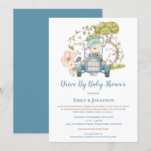 Invitación Auto Vintage Cute Bear Boy Drive De Baby Shower
