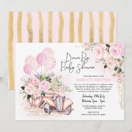 Invitación Auto Vintage Pink Gold Floral Drive De Baby Shower