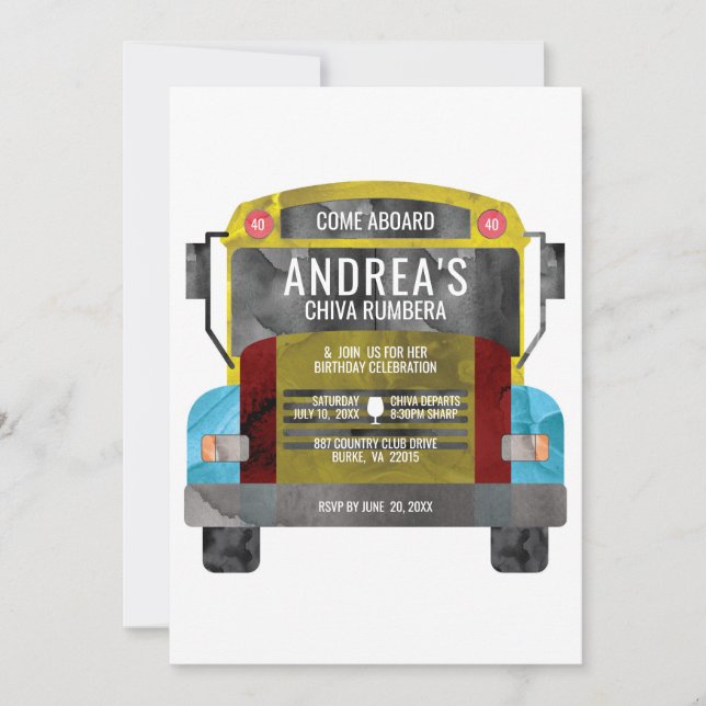 Invitación Autobús de fiesta Colombiana Chiva Rumbera Pachang (Anverso)