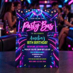 Invitación Autobús de fiesta de cumpleaños con luces de neón