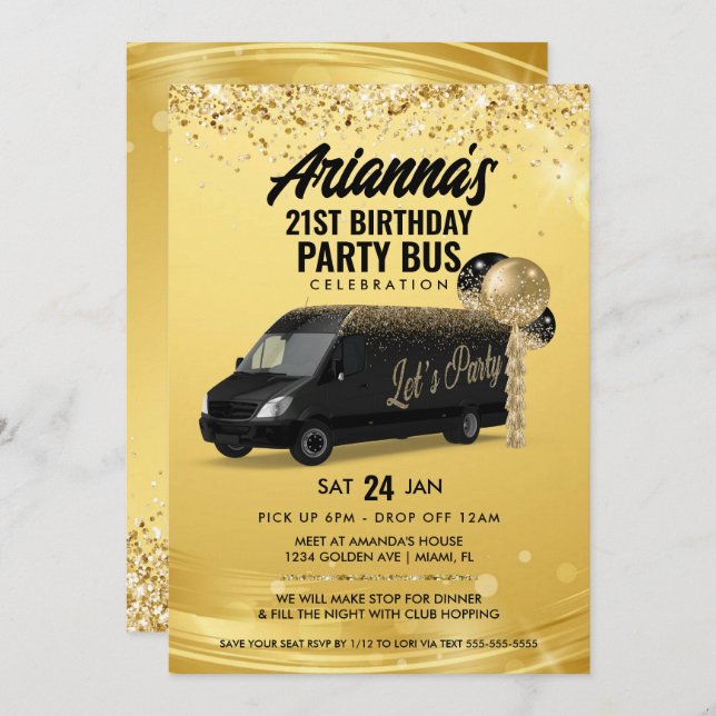 Invitación Autobús de fiesta negro y dorado (Anverso / Reverso)
