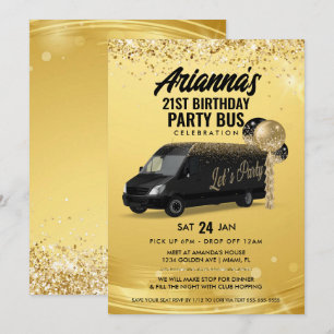 Invitación Autobús de fiesta negro y dorado