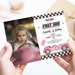 Invitación Autobús Retro Rosa Fast One Race Primer Cumpleaños