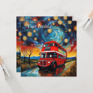 Invitación Autobús Rojo De Doble Decker En Una Noche Estelar,