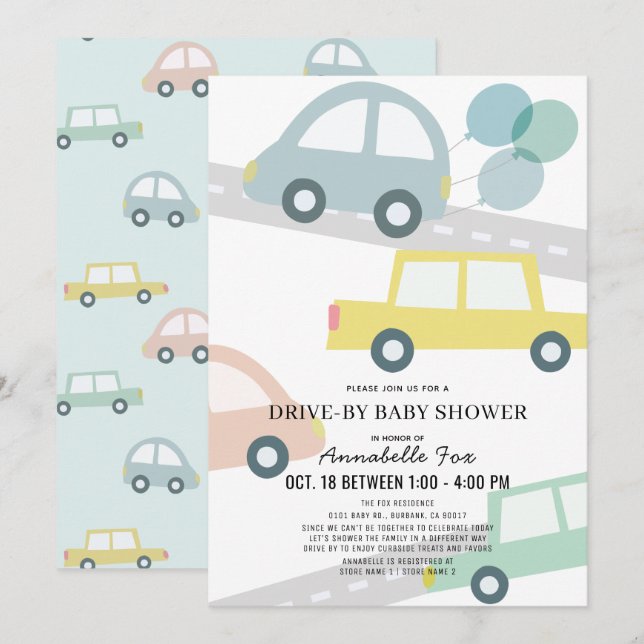 Invitación Autos con Baby Shower de Balloons Blue Boy Drive (Anverso / Reverso)