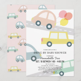 Invitación Autos con Baby Shower de Chica rosado con globos