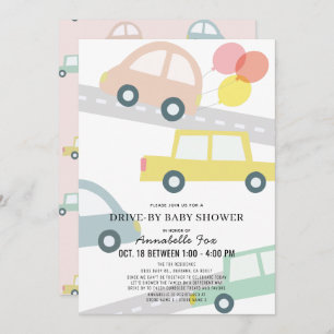 Invitación Autos con Baby Shower de Chica rosado con globos