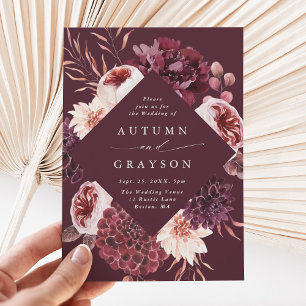 Invitación Autumance Romance Burgundy Floral Boda