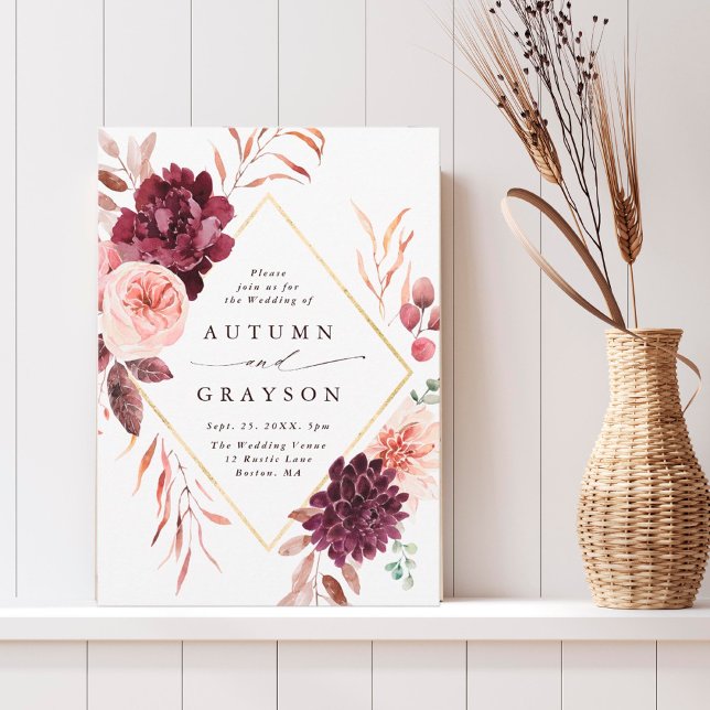 Invitación Autumance Romance Gold Frame Burgundy Boda (Subido por el creador)