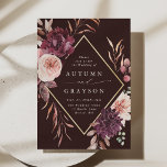 Invitación Autumance Romance Gold Frame Burgundy Boda Invita<br><div class="desc">Esta invitación a la boda incluye una flor acuarela de dahlias, rosas del jardín y peones en rojo borgoña, marrón, rosa rubor sobre hojas caídas con un marco falso dorado en forma de diamante. Para una personalización más avanzada de este diseño, haga clic en el BOTÓN HERRAMIENTA DE DISEÑO AZUL....</div>