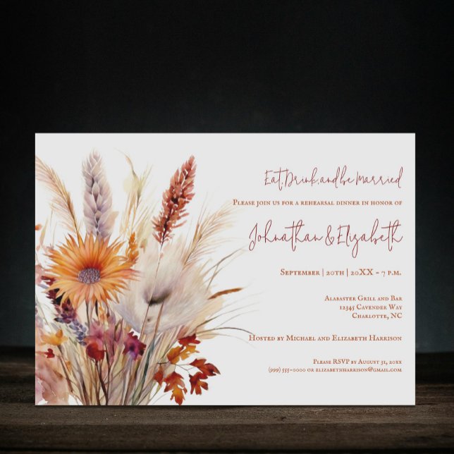 Invitación Autumn Boho Floral | Cena de ensayo blanco (Autumn Boho Floral White Wedding Rehearsal Dinner Invitation)