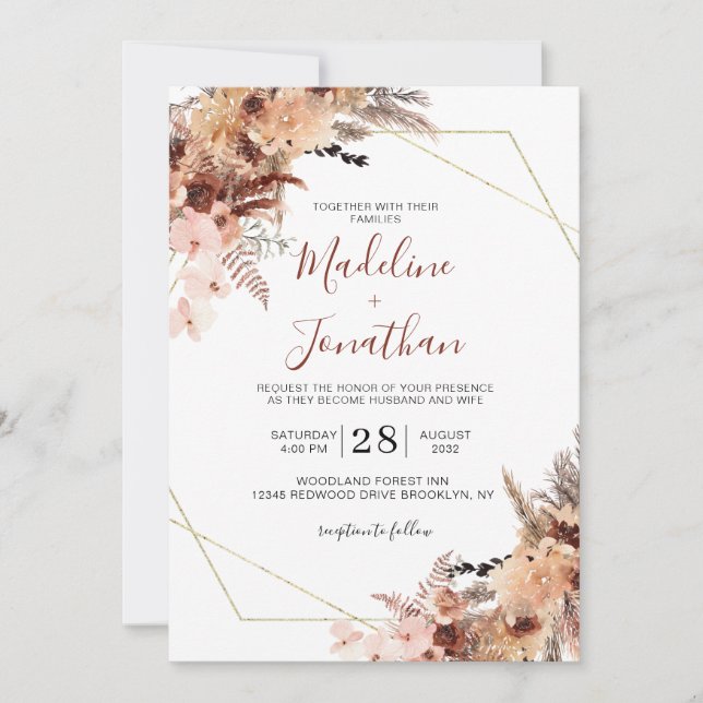 Invitación Autumn Boho Terracotta Boda de Geometría Floral (Anverso)