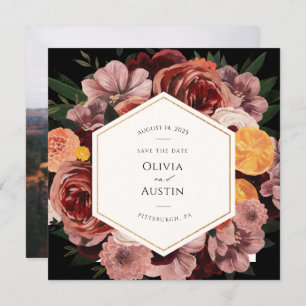 Invitación Autumn Burgundy Floral Save the Date Photo