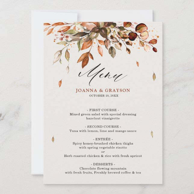 Invitación Autumn deja carta rústica de menú de boda de campo (Anverso)