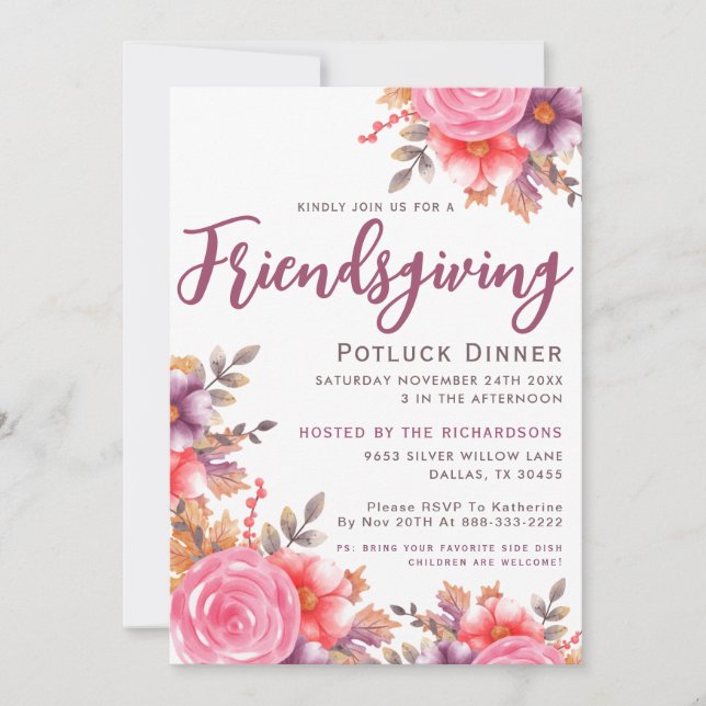 Invitación Autumn Elegant Floral Friendly Friendner Dinner (Anverso)