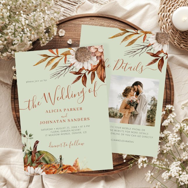 Invitación Autumn fall botanical sage green QR code wedding (Subido por el creador)