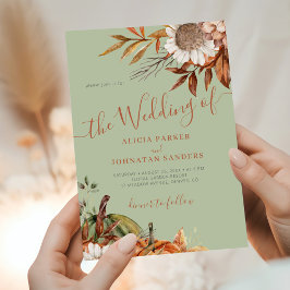 Invitación Autumn fall botanical sage green QR code wedding