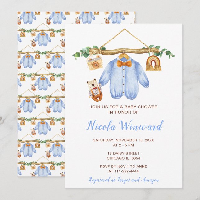 Invitación Autumn Fall Clothes Line Boy Baby Shower (Anverso / Reverso)