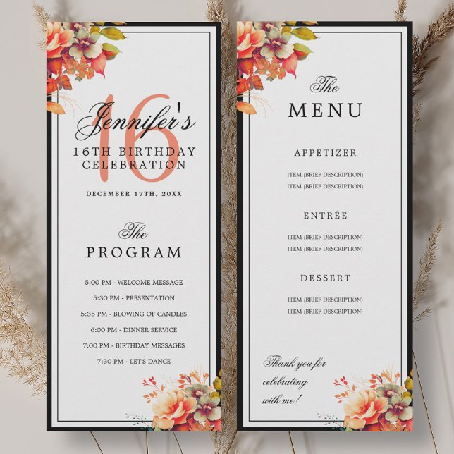 Invitación Autumn Fall Floral 16th Birthday Program Menu  (Autumn Fall Floral 16th Birthday Program Menu )