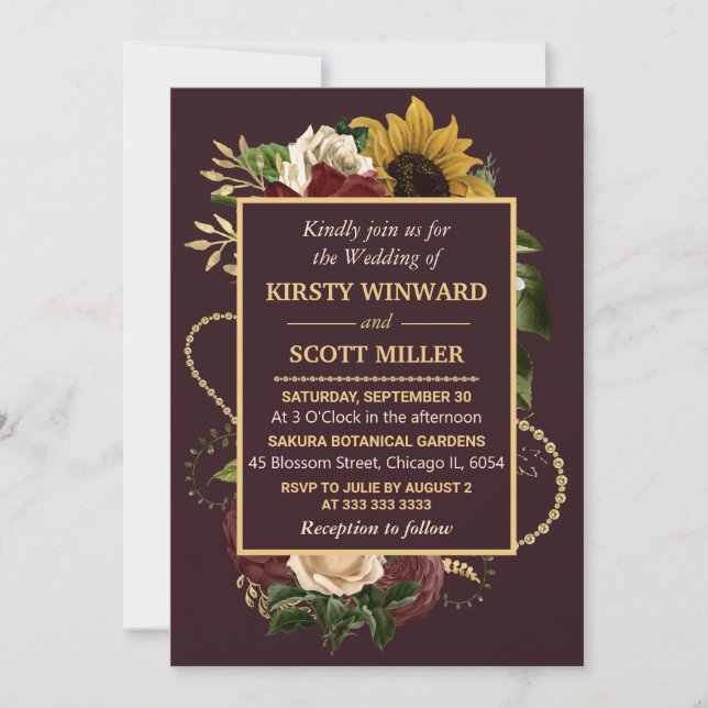 Invitación Autumn Fall Flowers Foliage Gold Wedding (Anverso)