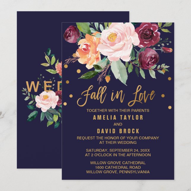 Invitación Autumn Floral | Boda De Caída En El Amor (Anverso / Reverso)