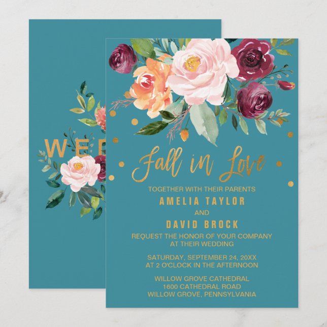 Invitación Autumn Floral | Caer Enamorada Boda Verde azulado (Anverso / Reverso)